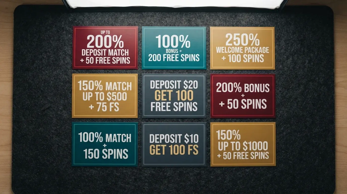 A grid of casino welcome bonus offer cards with their match percentages and free spin counts displayed