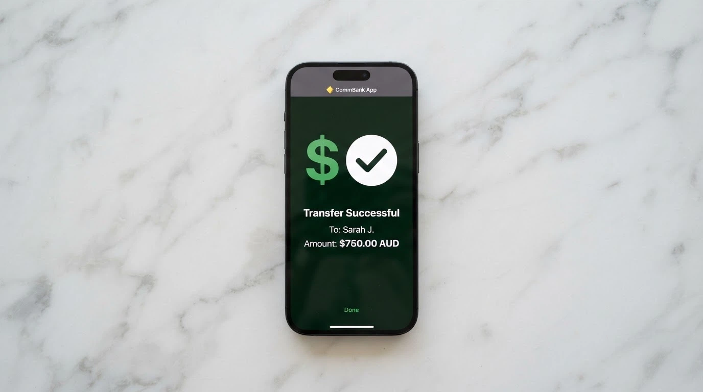 Australian banking app showing a PayID transfer confirmation for a $5 casino deposit