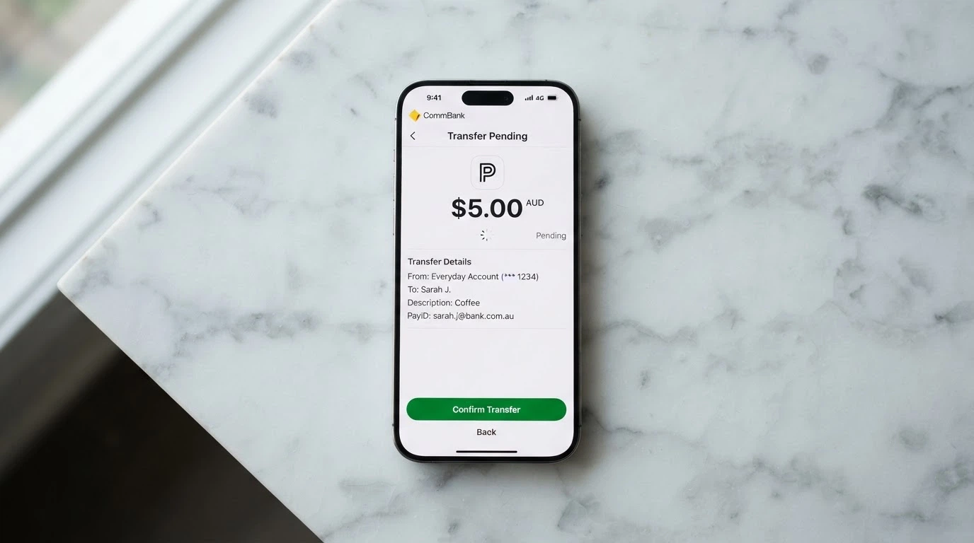 A PayID deposit interface on a mobile banking app showing a pending transfer to a casino