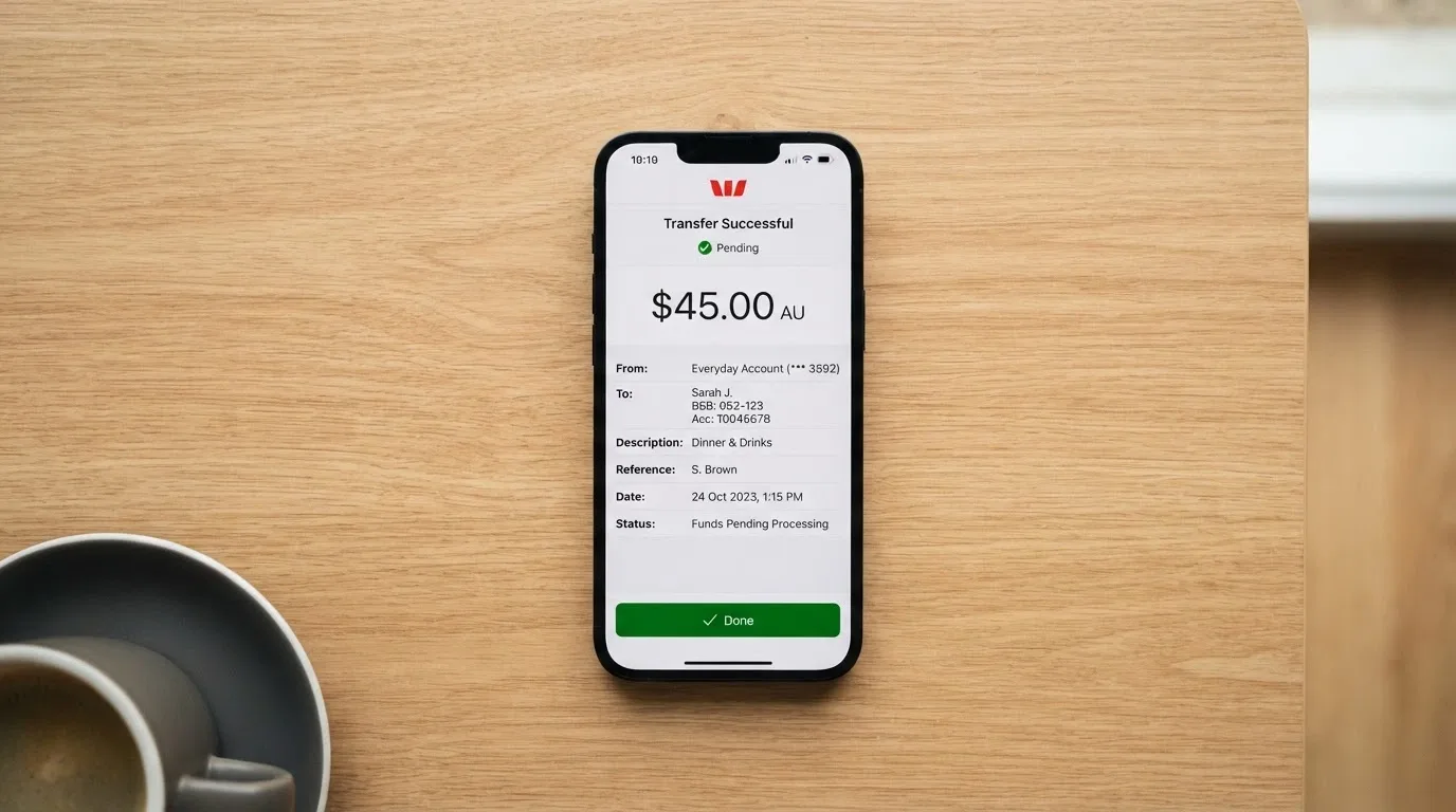 A mobile banking app screen showing a PayID transfer with a low-dollar amount pending confirmation