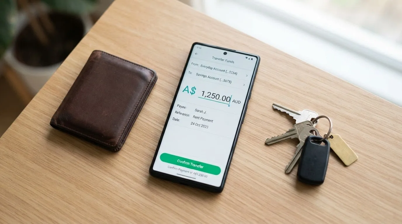Australian banking app interface showing a PayID transfer screen alongside a cryptocurrency wallet balance display