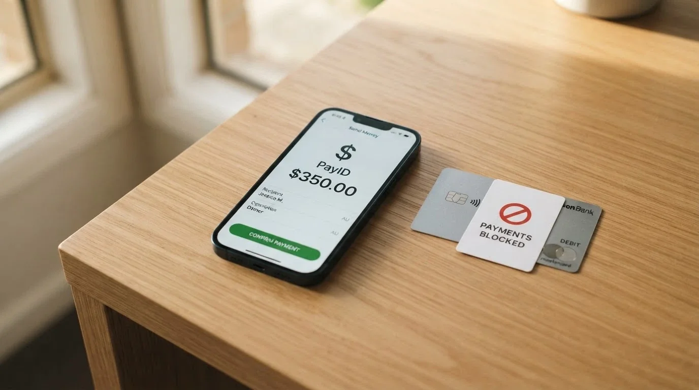 A smartphone showing a PayID transfer interface with an Australian bank logo at the top, beside a blocked credit card icon overlaid with a red prohibition symbol.