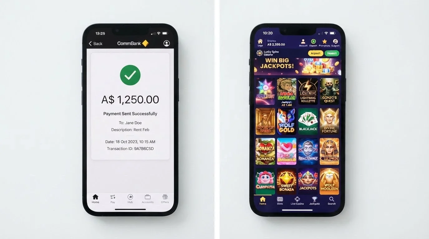 A split-screen concept: an iPhone showing a banking app payment confirmation on one side and a casino lobby on the other