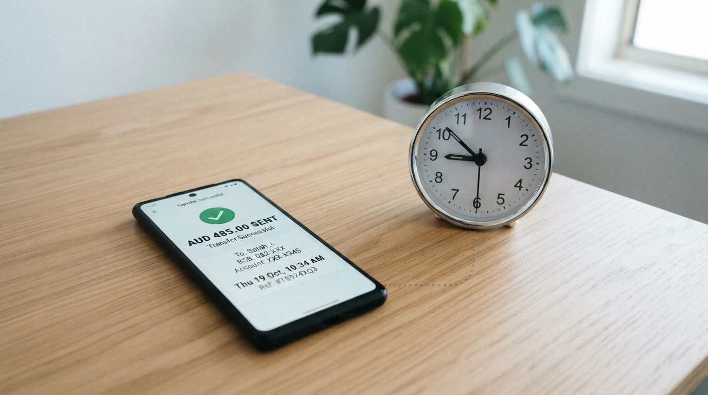 A phone screen showing a PayID transfer confirmation with a timestamp, next to a clock icon marked “Processing: 24–48 hrs” for the withdrawal side.