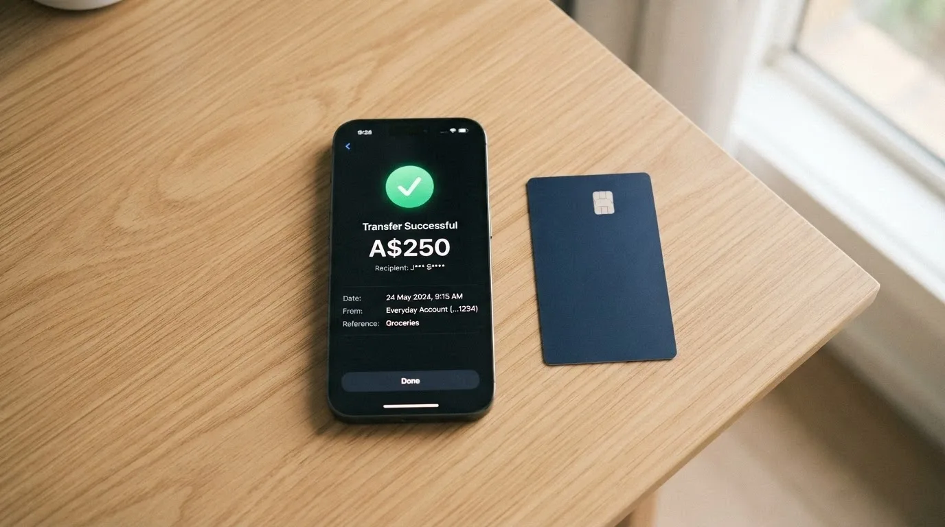 A smartphone banking app showing a PayID transfer confirmation screen, with casino branding visible in a background browser tab