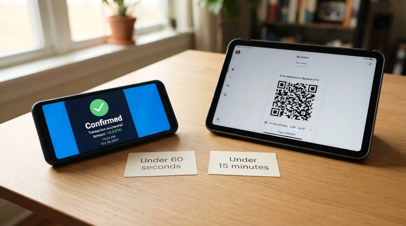 A smartphone screen showing a PayID deposit confirmation beside a crypto wallet QR code, with a timer overlay reading “Under 60 seconds” on the PayID side and “Under 15 minutes withdrawal” on the crypto side