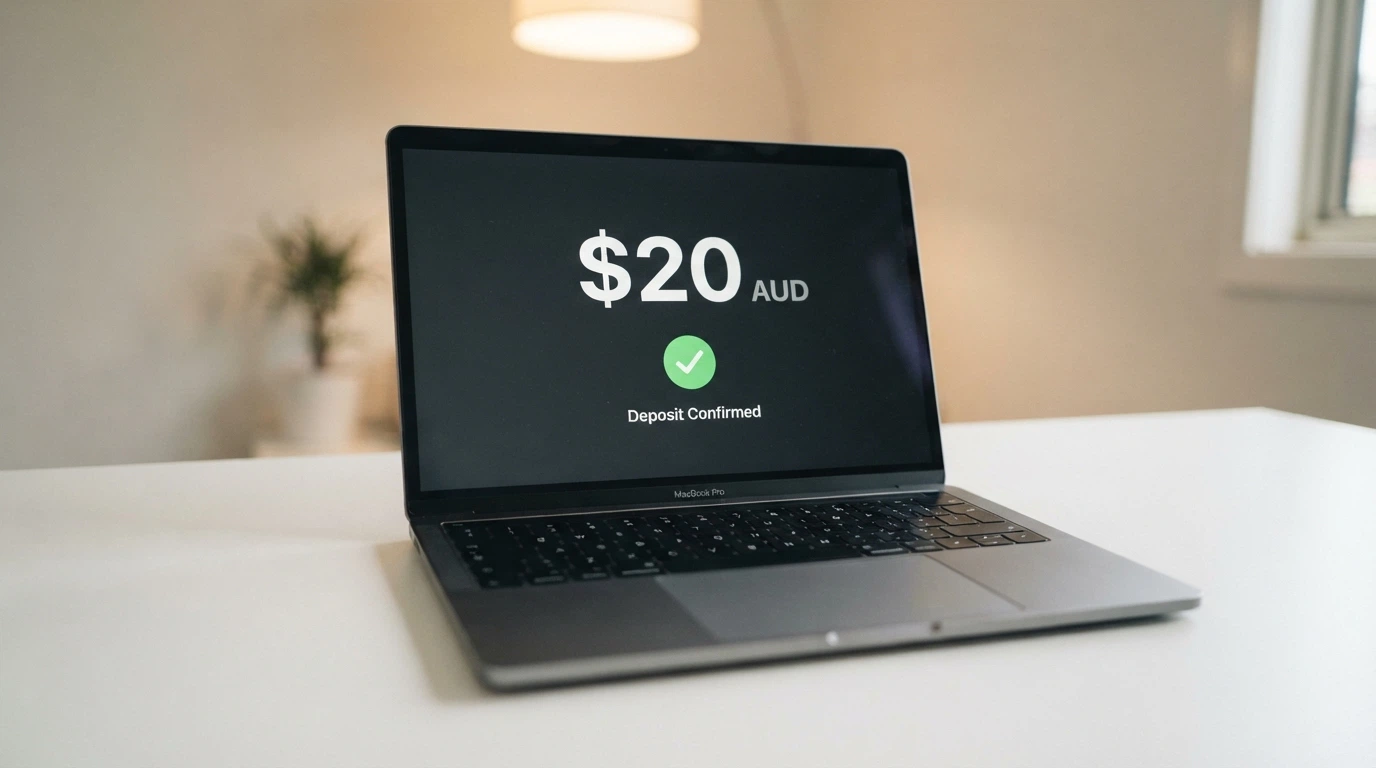 A laptop or phone screen showing a PayID deposit confirmation with a $20 amount in Australian dollars
