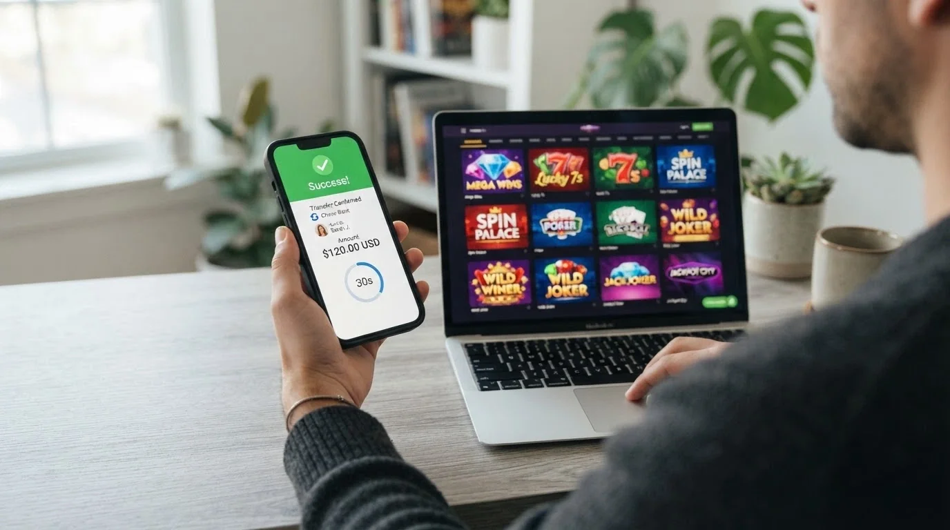 A banking app screen showing a PayID transfer with a 30-second confirmation timer next to a casino lobby interface