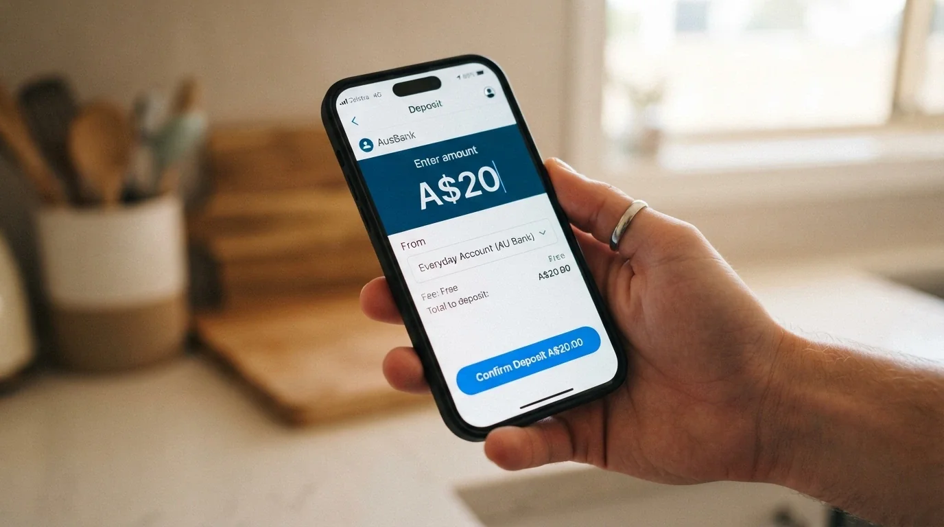 A mobile phone screen showing a PayID deposit interface with a $20 amount field and Australian bank branding