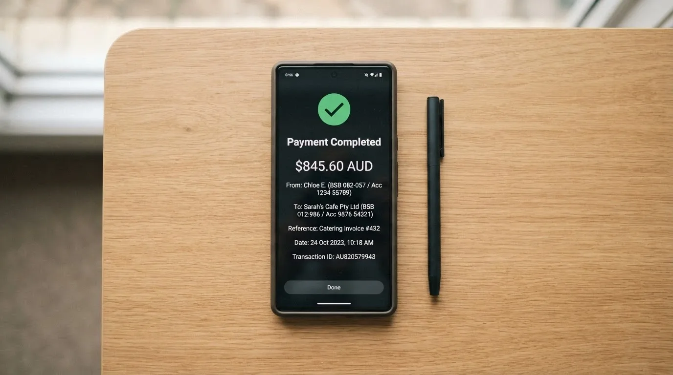 A banking app screen showing a PayID transfer marked as completed