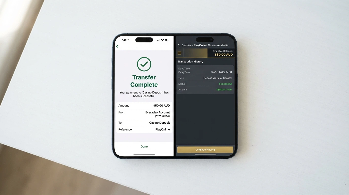 A split-screen smartphone display: on the left, a banking app showing a PayID transfer confirmation with a timestamp; on the right, the casino cashier reflecting the same balance update