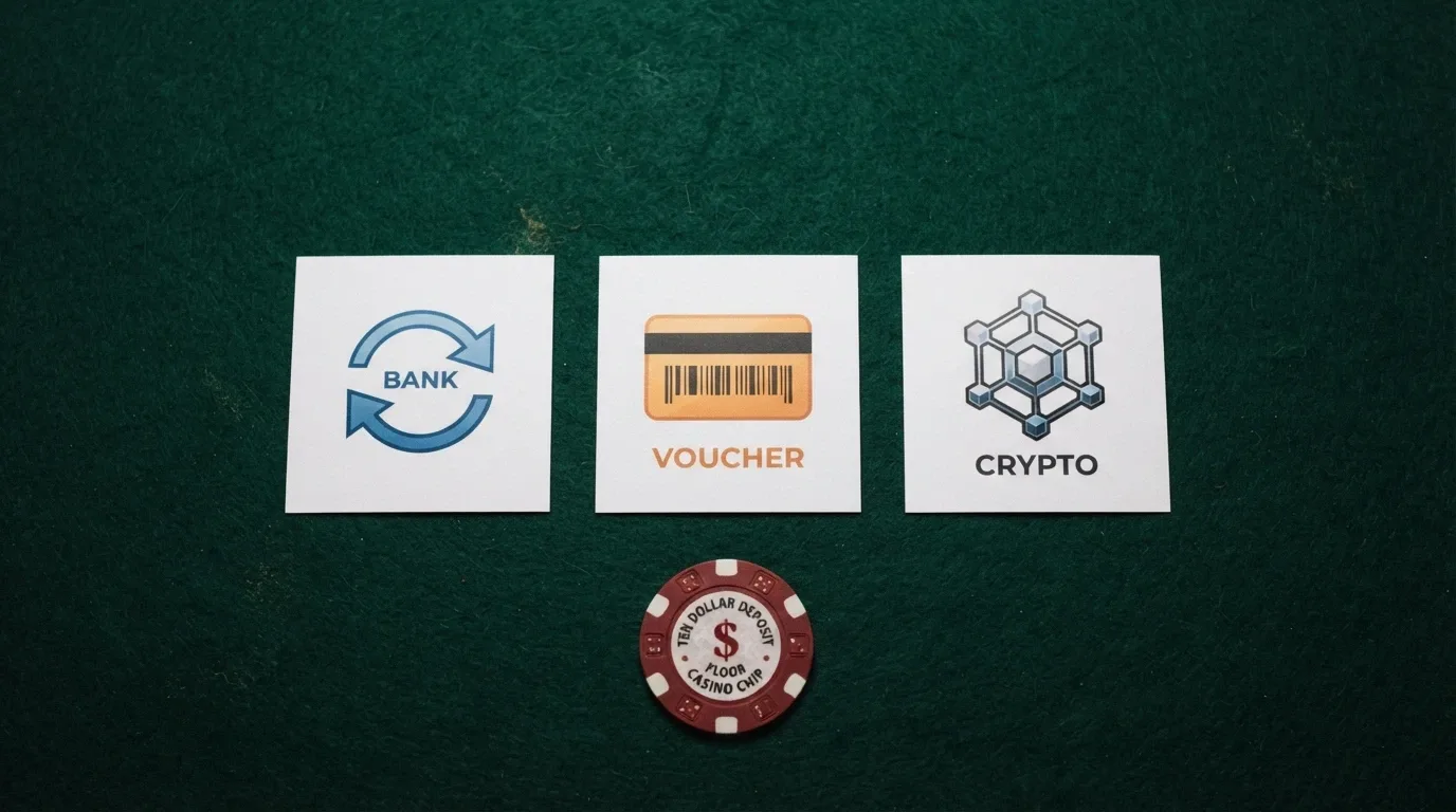 Three payment-method icons — a PayID/Osko logo, a Neosurf voucher card and a Bitcoin symbol — arranged above an AU $10 note