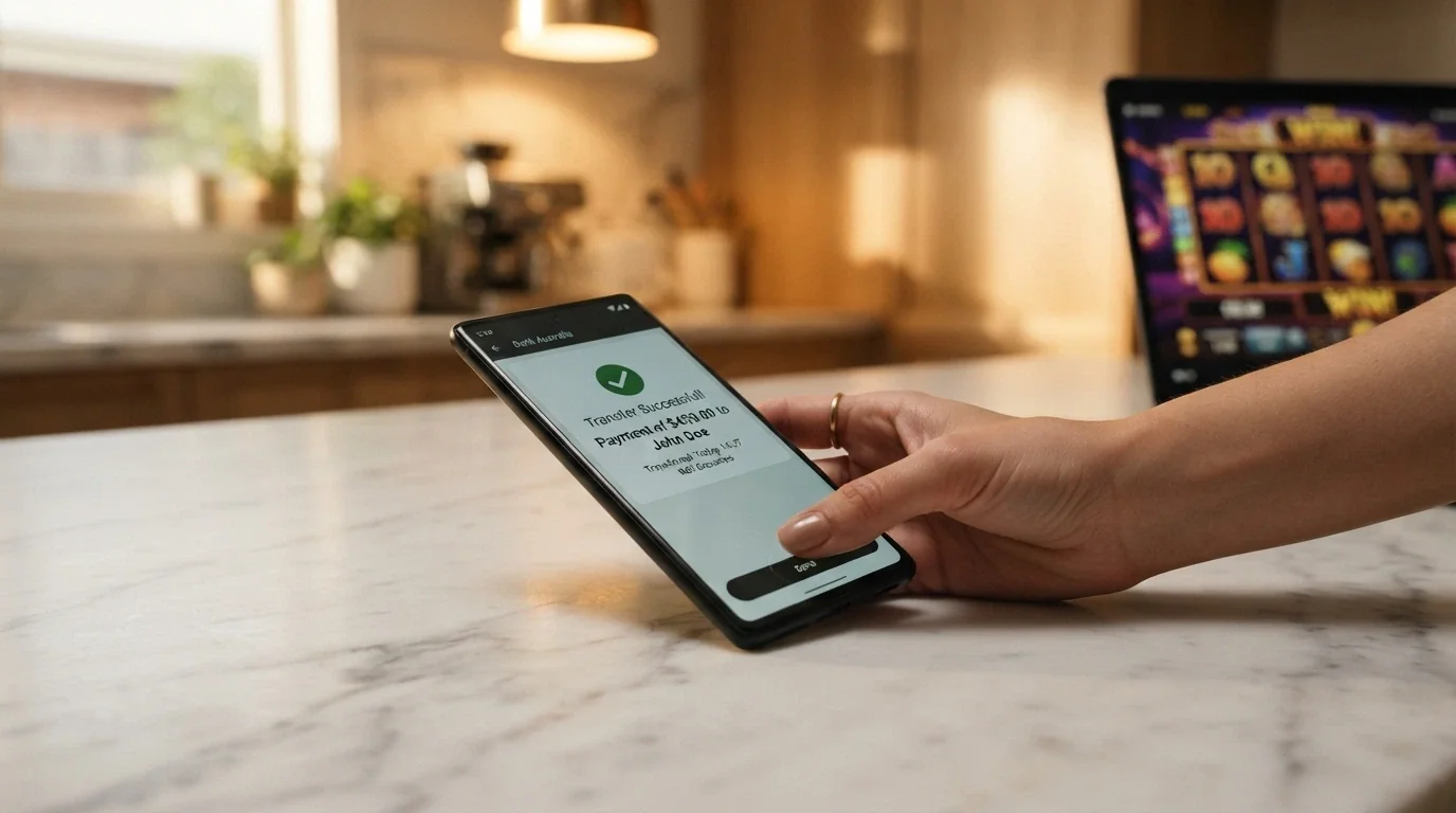 A smartphone screen showing a banking app with a PayID transfer confirmation, with a subtle pokies interface reflected in the glass