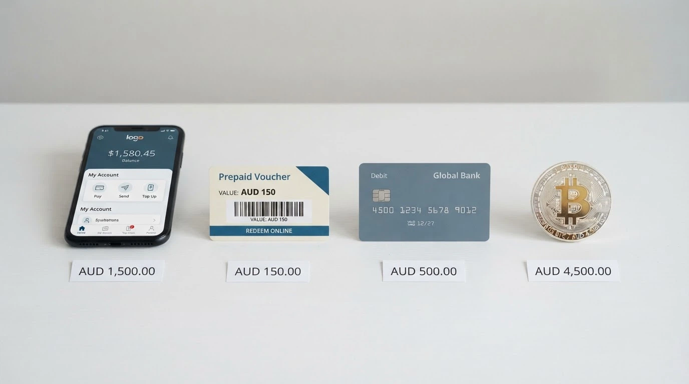 Four payment-method icons arranged side by side — PayID app screen, a Neosurf voucher, a credit card and a Bitcoin wallet — each labelled with its real Australian minimum deposit amount beneath