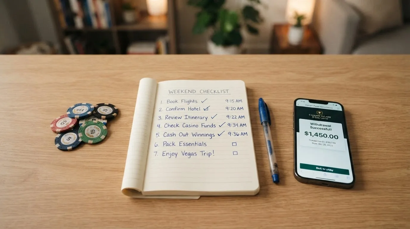 A notepad with a handwritten checklist beside Australian currency and a smartphone showing a casino withdrawal screen