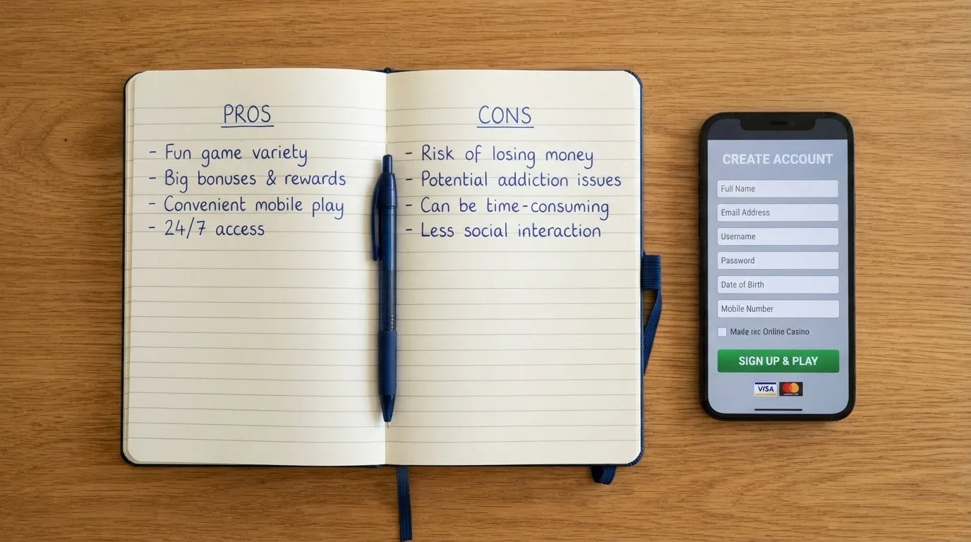 An open notebook with handwritten pros and cons next to a smartphone paused on a casino sign-up screen