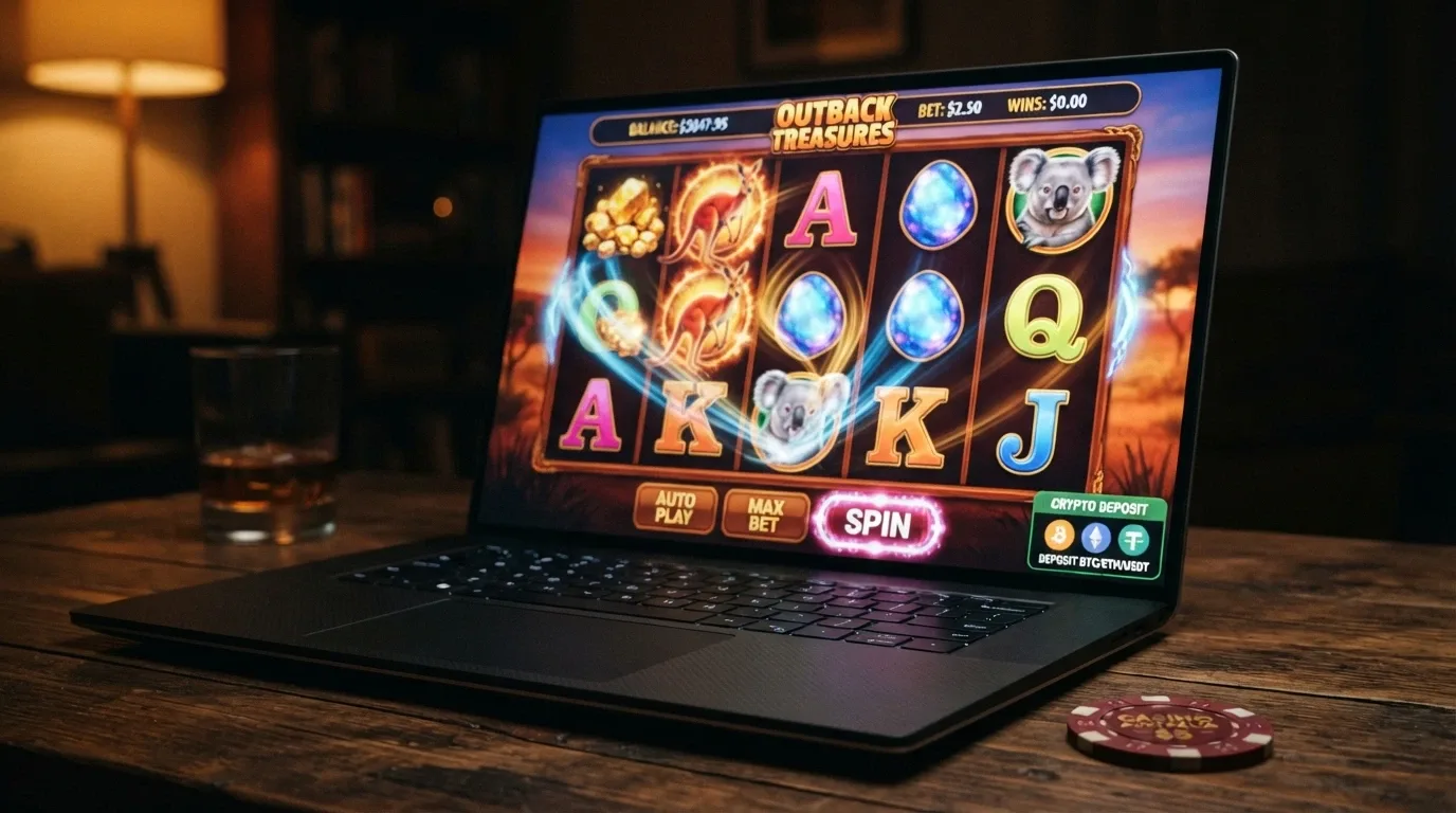 A row of colourful online pokie reels on screen with a cryptocurrency deposit button visible in the interface.
