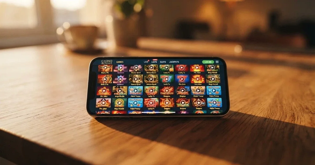 A smartphone displaying the Pocket Pokies Casino homepage with a colourful pokies game lobby visible on screen