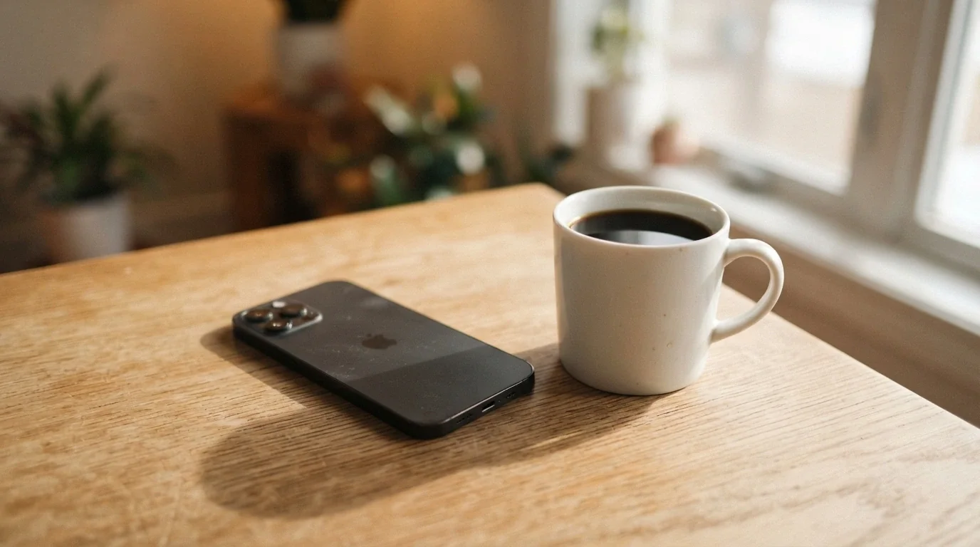 A smartphone lying face-down on a table next to an untouched cup of coffee, the phone screen dark, the scene lit by natural window light suggesting a moment of deliberation