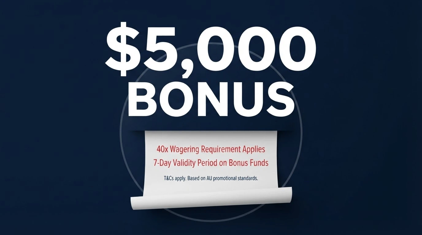 A large bold bonus dollar figure with a small-print scroll unwinding beneath it, the fine print magnified to reveal terms like “40x wagering” and “7-day validity” in red