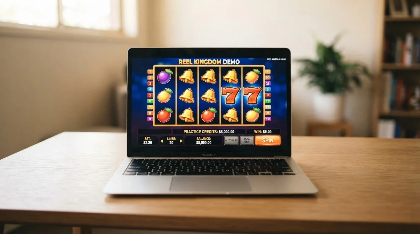 A laptop screen displaying a pokies game in demo mode with a clearly visible play-money balance and a “PLAY FOR FUN” or practice-credits label on the interface