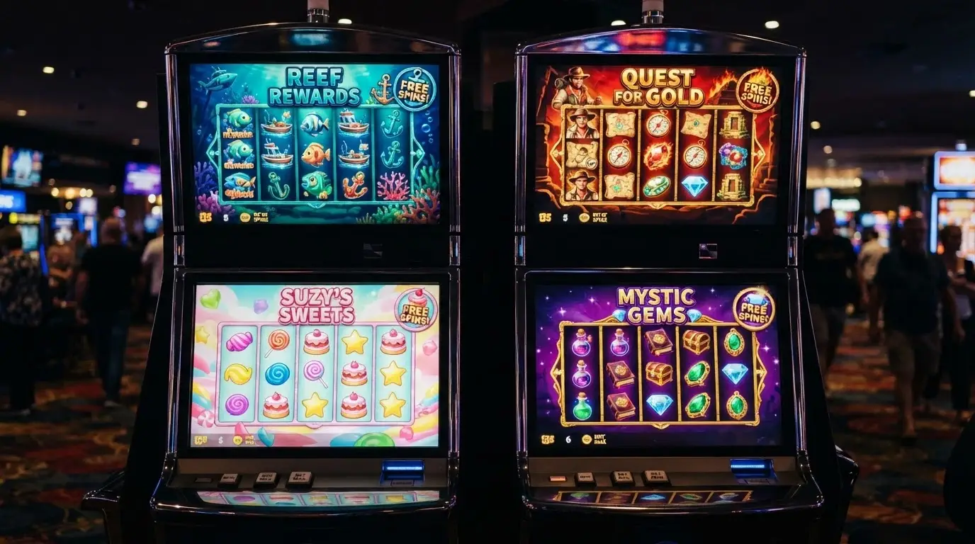 A colourful grid of pokie title cards — Sweet Bonanza, Big Bass Bonanza, Book of Dead, Starburst — each with a small free-spin badge