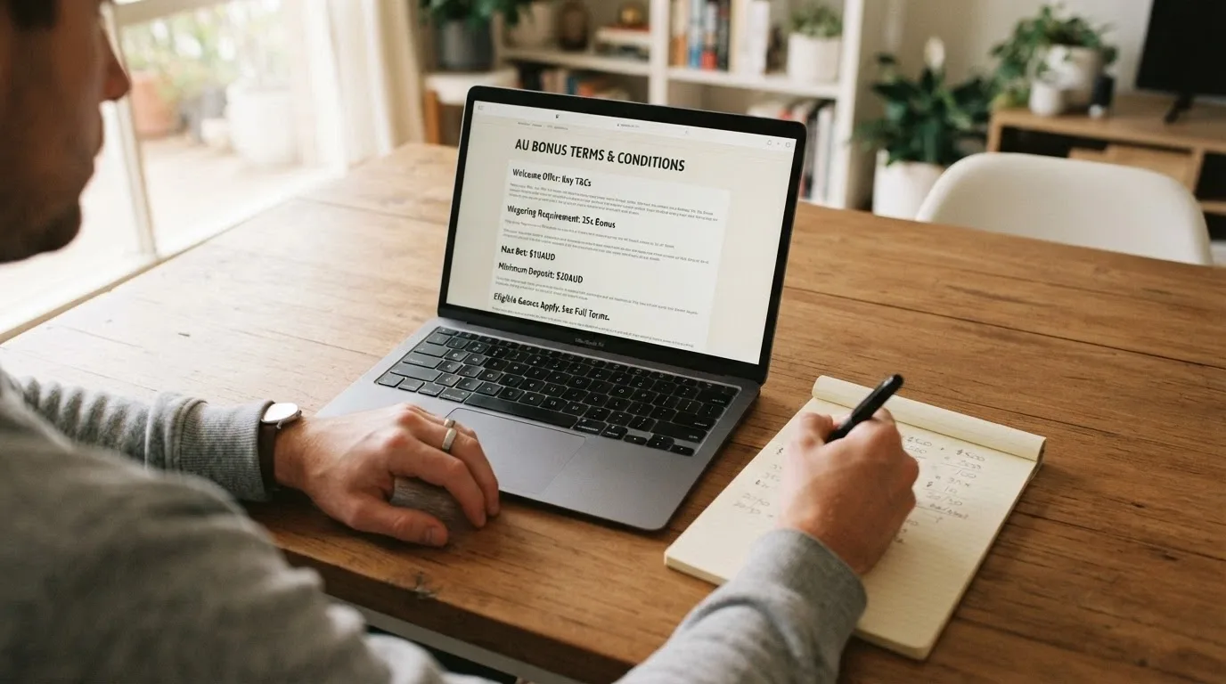 A person seated at a desk with a laptop open to a bonus-terms page, a notepad with handwritten figures and a pen — calm, deliberate, no casino imagery in the frame