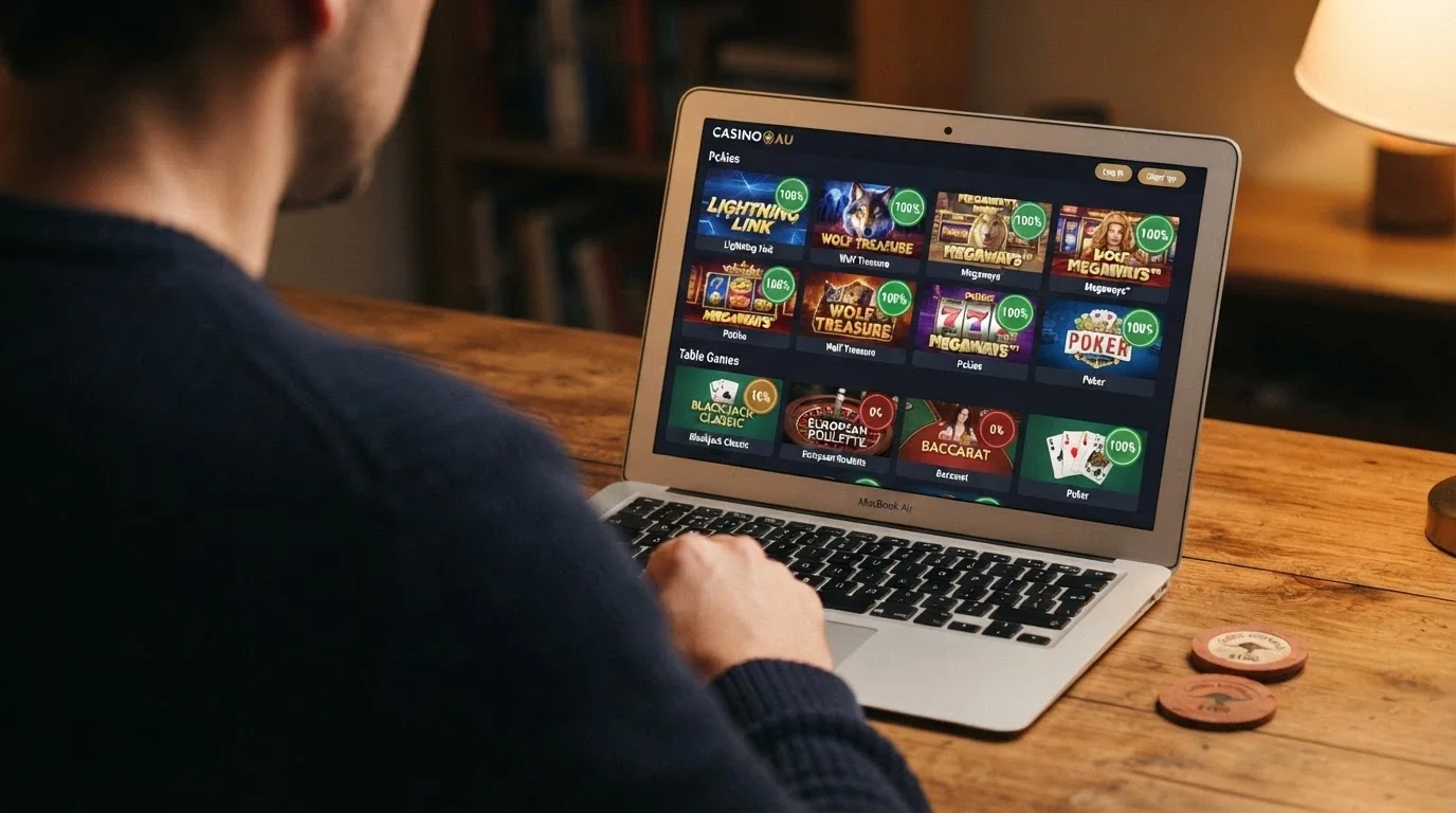 A casino game lobby with contribution-rate badges on pokies (100%), blackjack (10%) and roulette (0%)