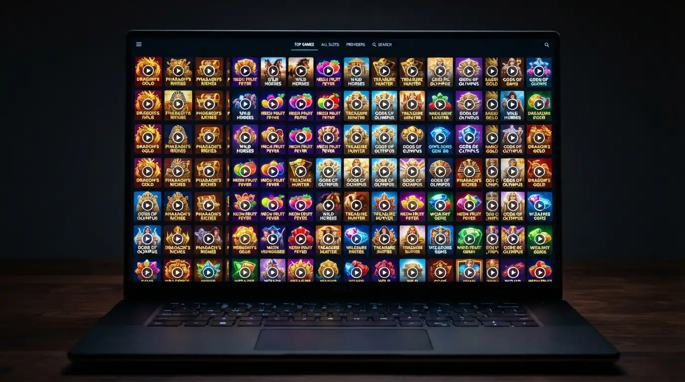 A grid of colourful online pokies game tiles from multiple providers including Pragmatic Play and NetEnt