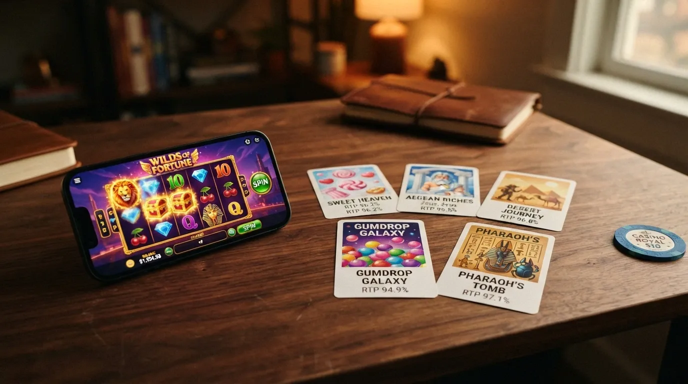 A grid of five slot-title cards — Sweet Bonanza, Gates of Olympus 1000, Book of Dead, Sugar Rush 1000 and Valley of the Gods — each showing its RTP percentage and provider logo