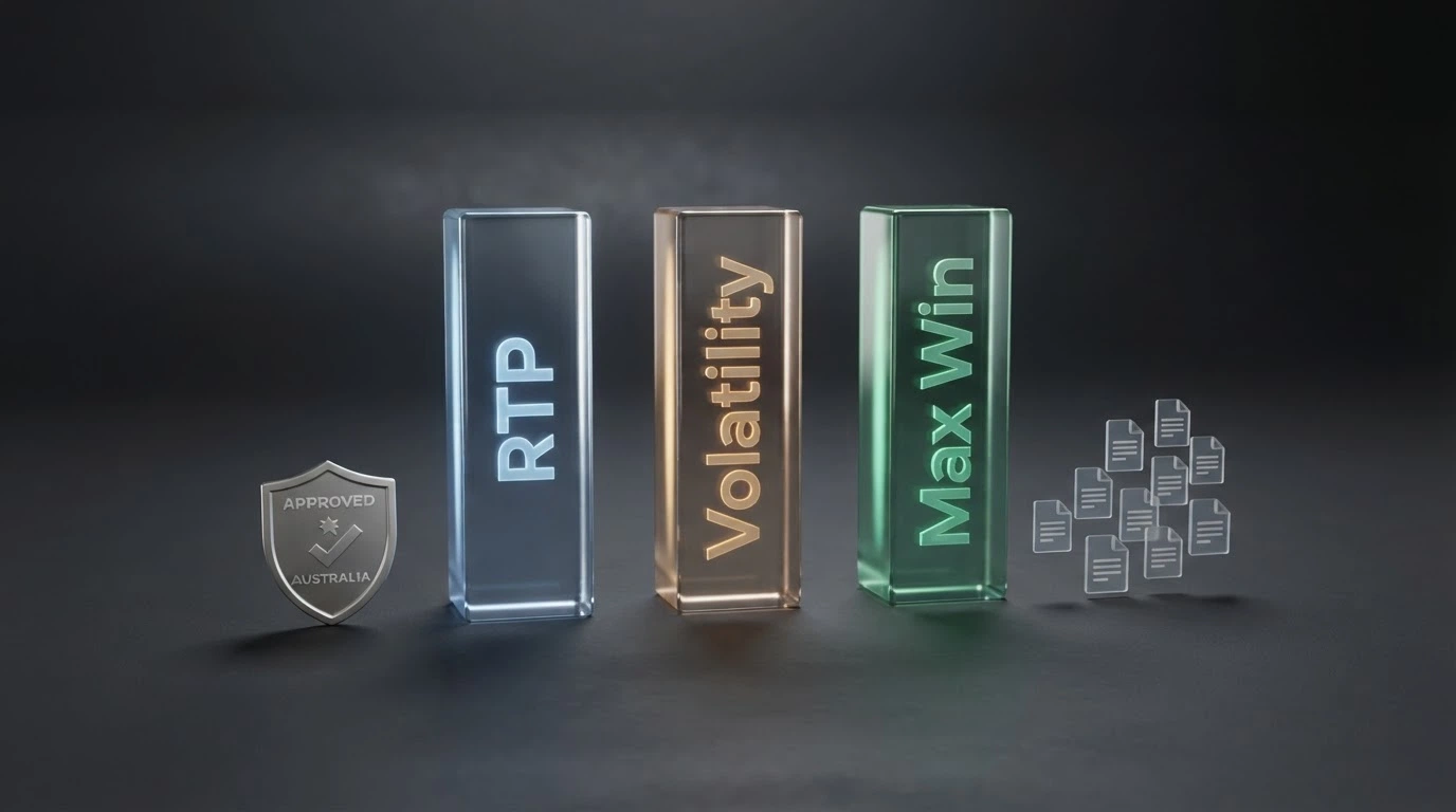 A clean visual showing the three ranking pillars — RTP, volatility, max win — with source documents and the ACMA whitelist check alongside them
