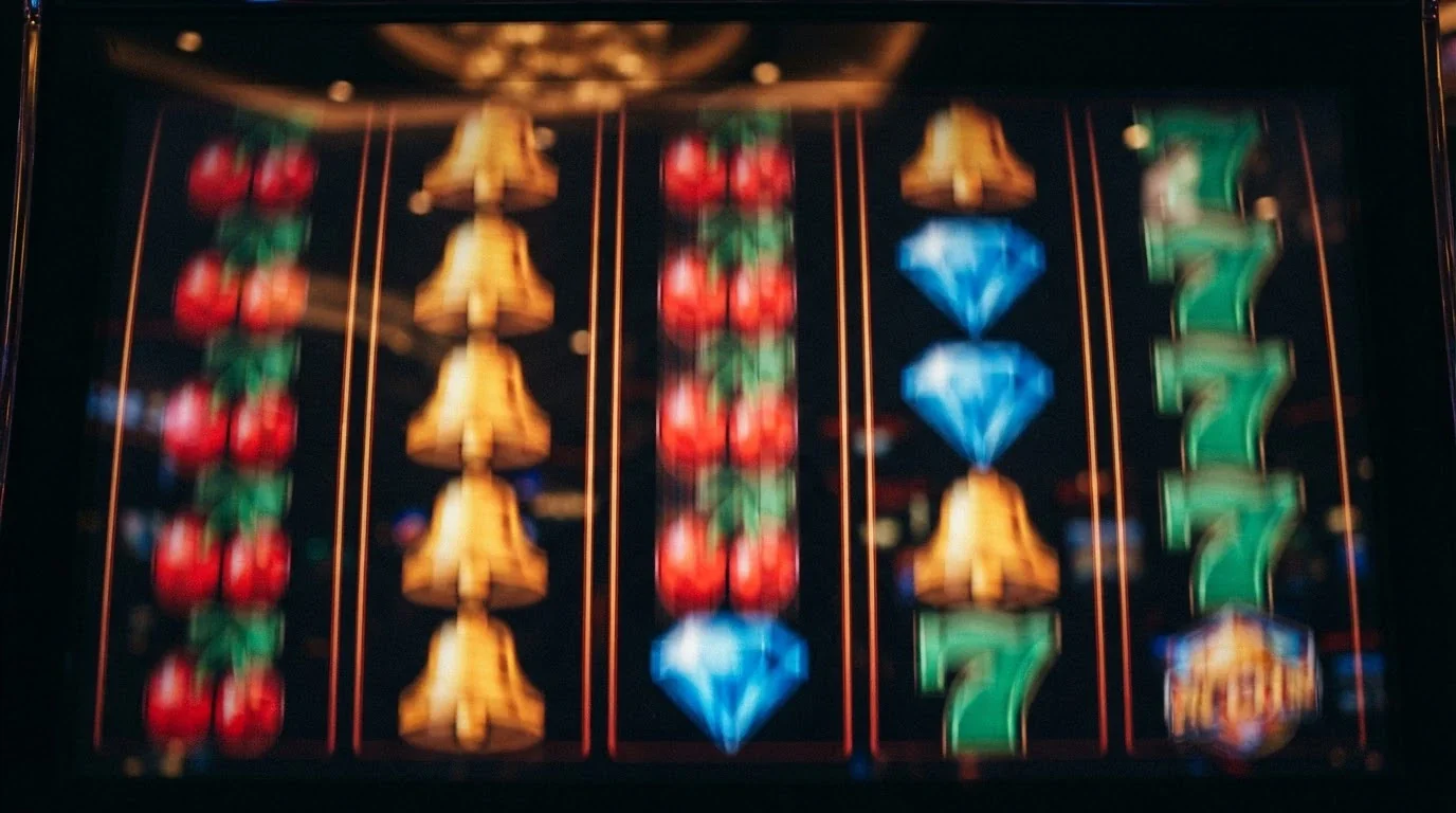 A close-up of a pokie machine's digital reels mid-spin, showing fruit and gem symbols blurred in motion