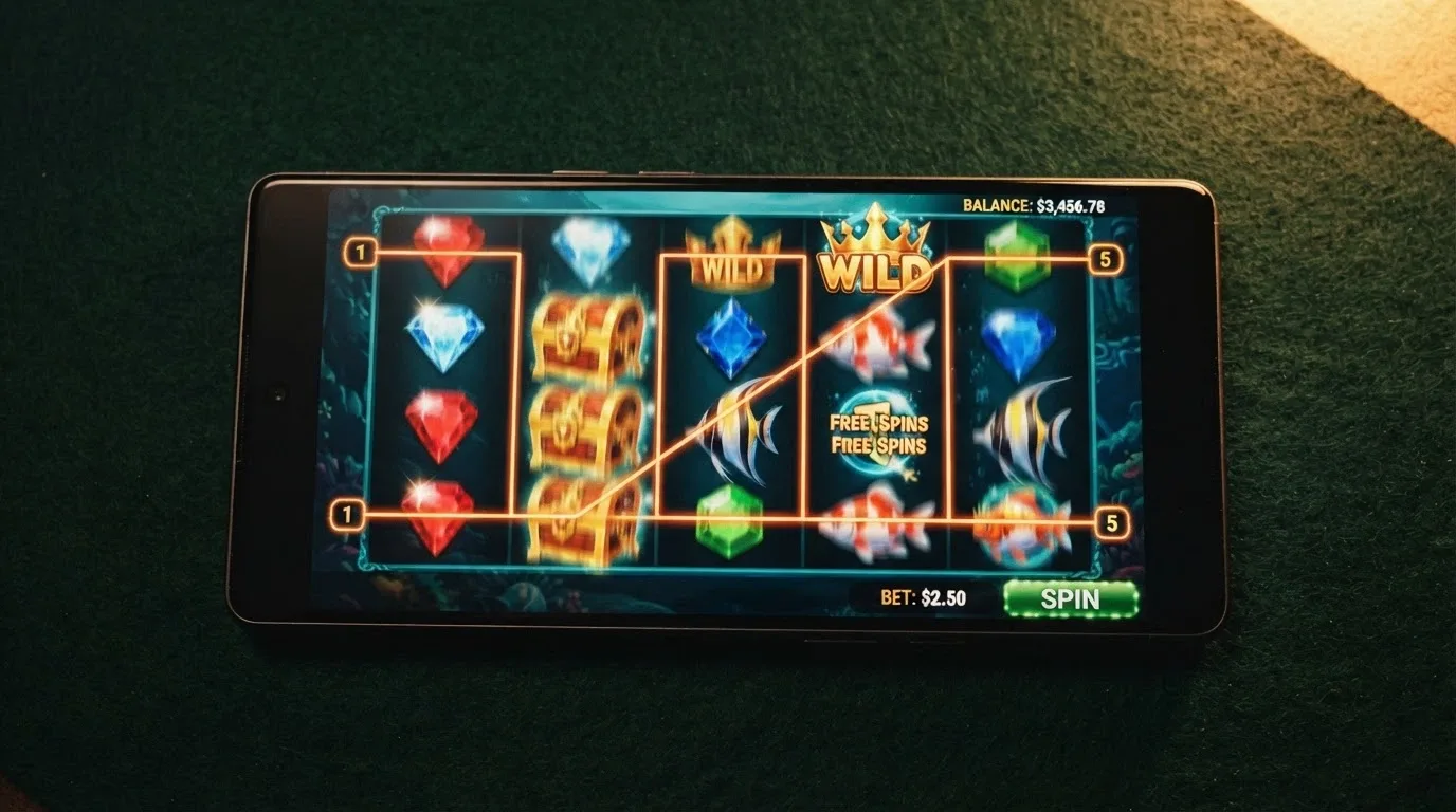 An iPhone in landscape orientation showing colourful pokie reels mid-spin with game UI elements visible