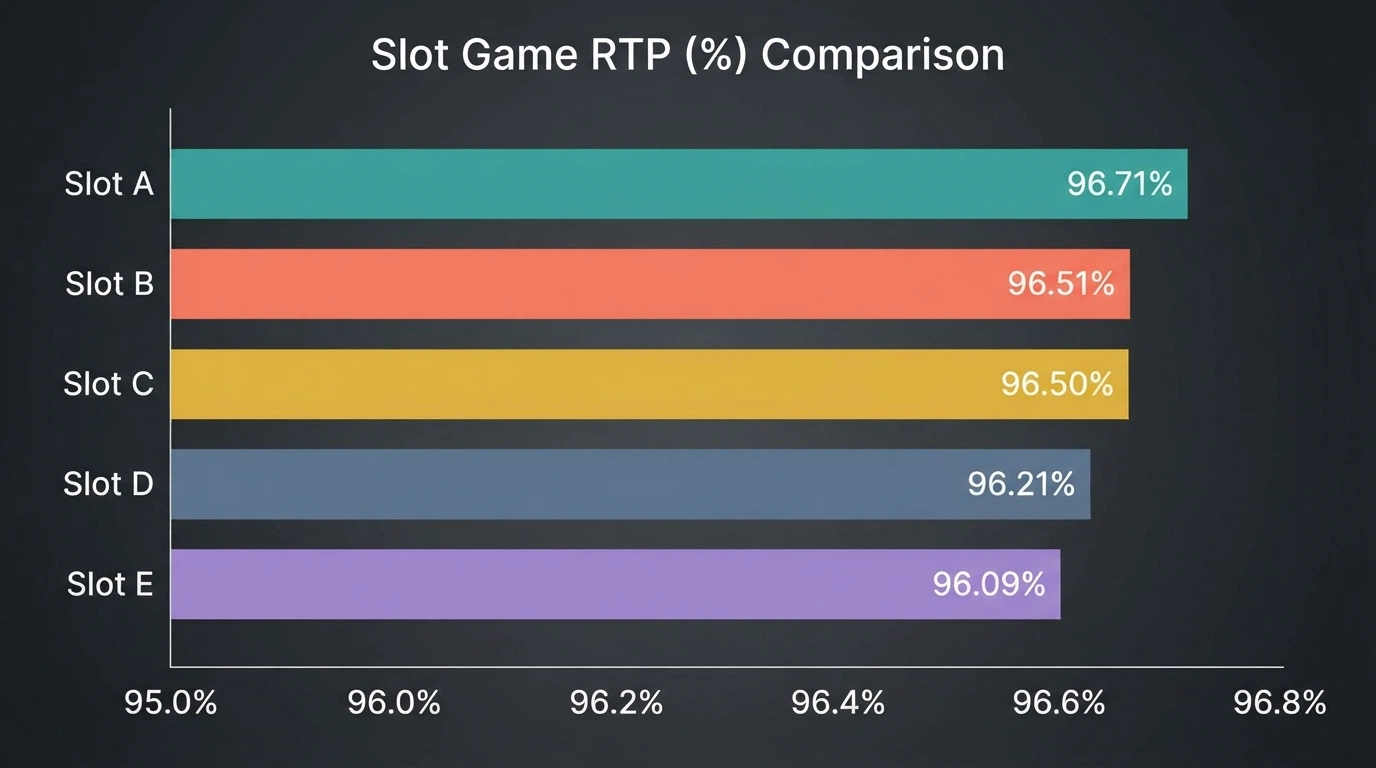 A horizontal bar chart comparing the RTP percentages of Big Bass Bonanza, Sweet Bonanza, Starburst, Gates of Olympus and Book of Dead, with values ranging from 96.09% to 96.71%.