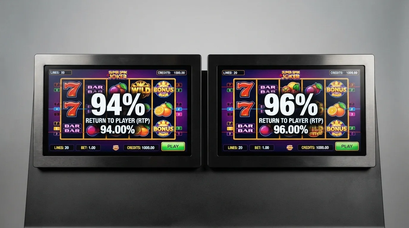 Two identical-looking pokie screens side by side, one labelled “94% RTP” and the other “96% RTP”, with different return figures below