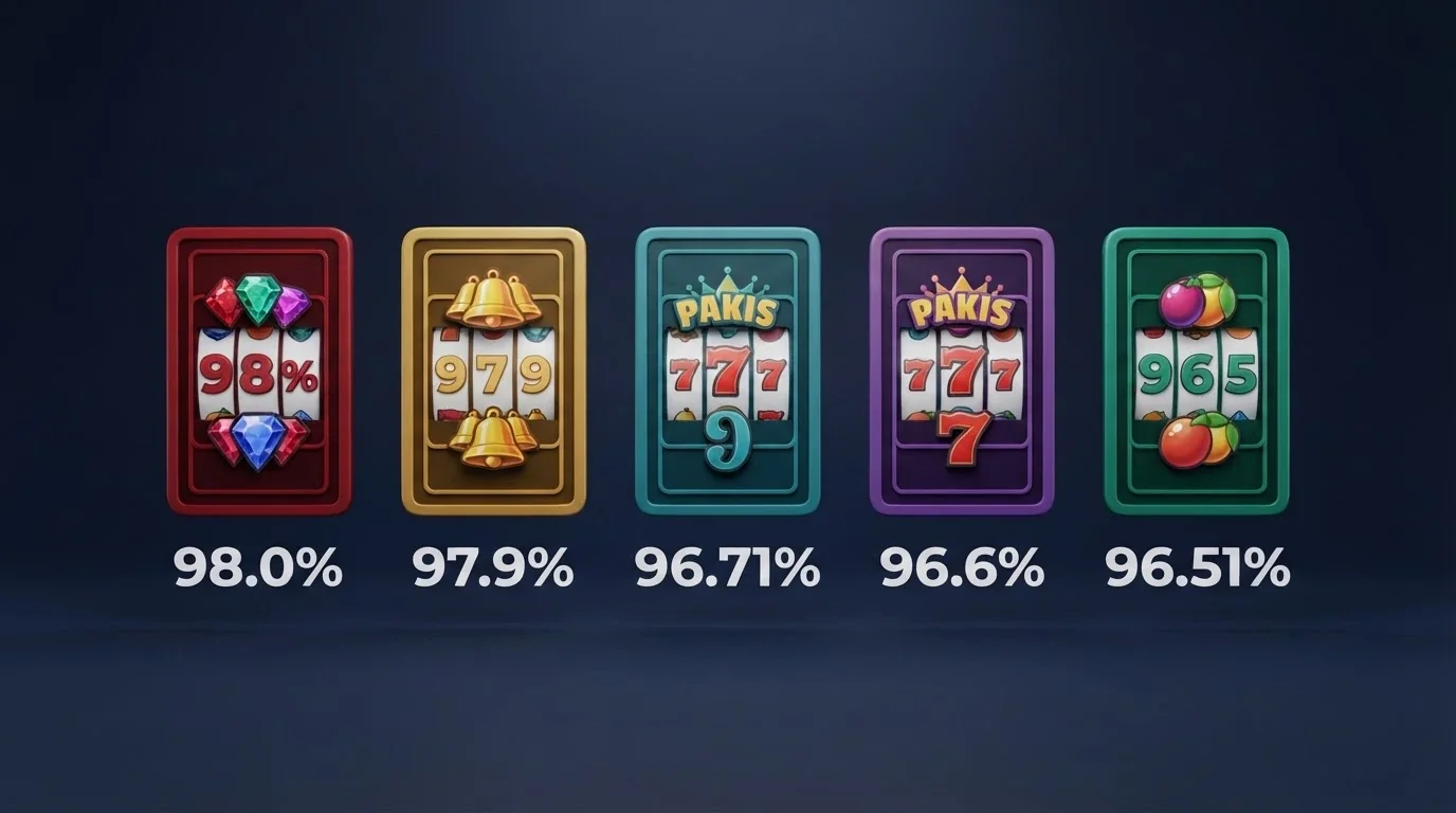 A row of five pokie-title cards with their RTP percentages displayed prominently beneath each title, sorted highest to lowest