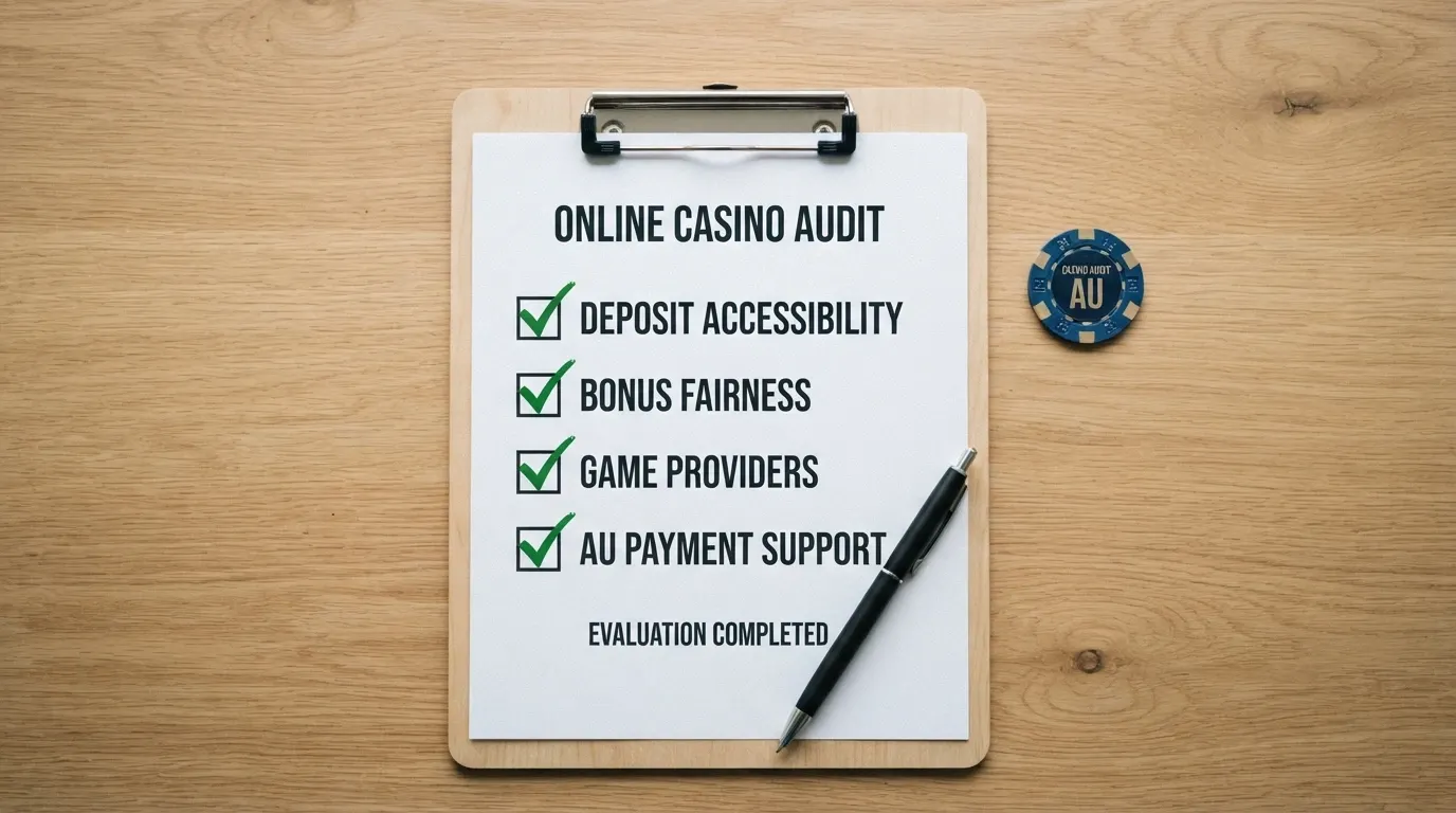 A checklist-style visual with tick marks beside Deposit Accessibility, Bonus Fairness, Game Providers and AU Payment Support