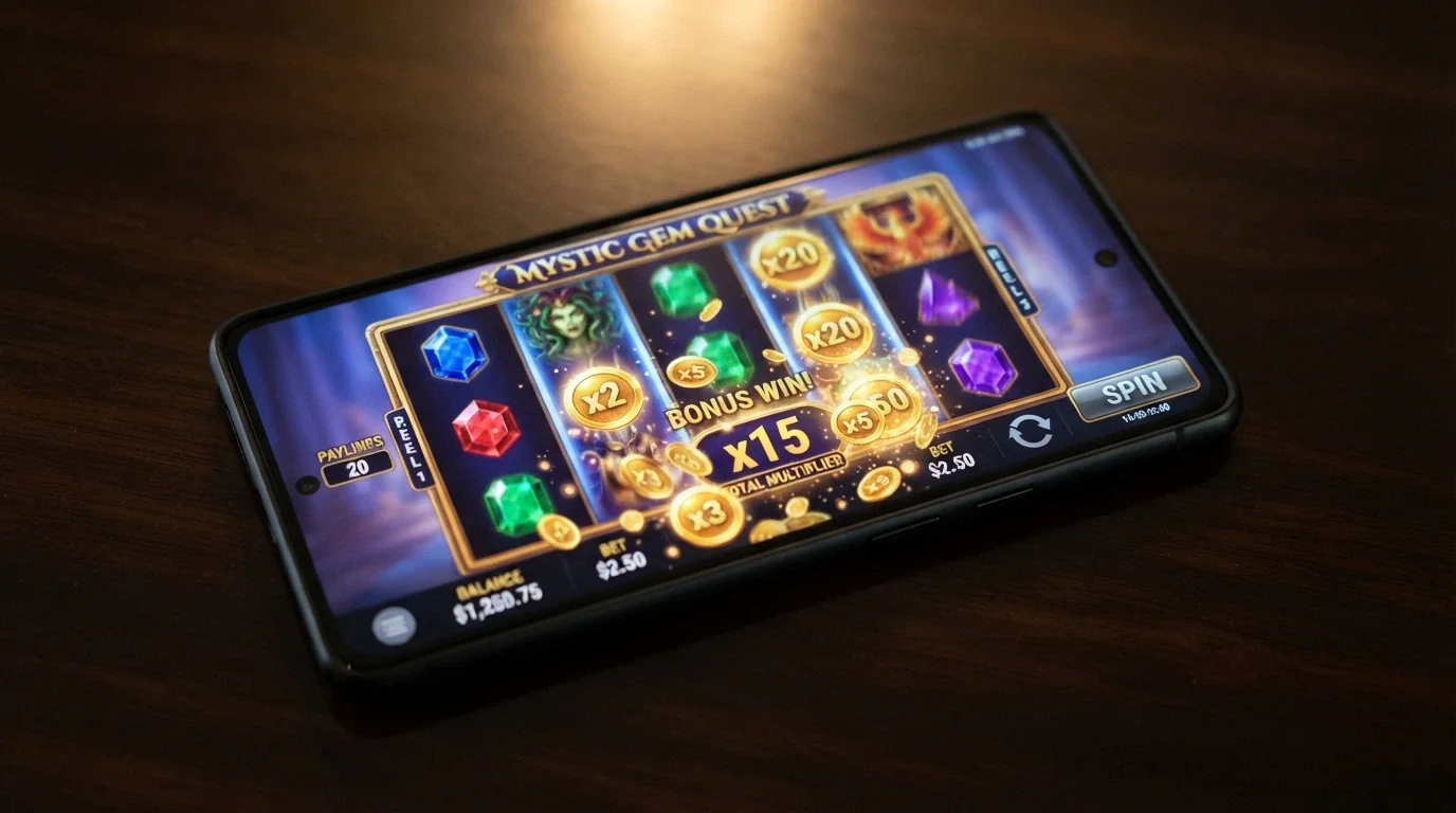 A five-reel pokies grid in landscape on a phone screen displaying a bonus round with multiplier coins cascading across the reels