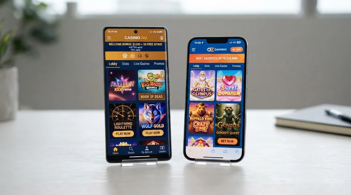 side-by-side casino app interfaces on two phones