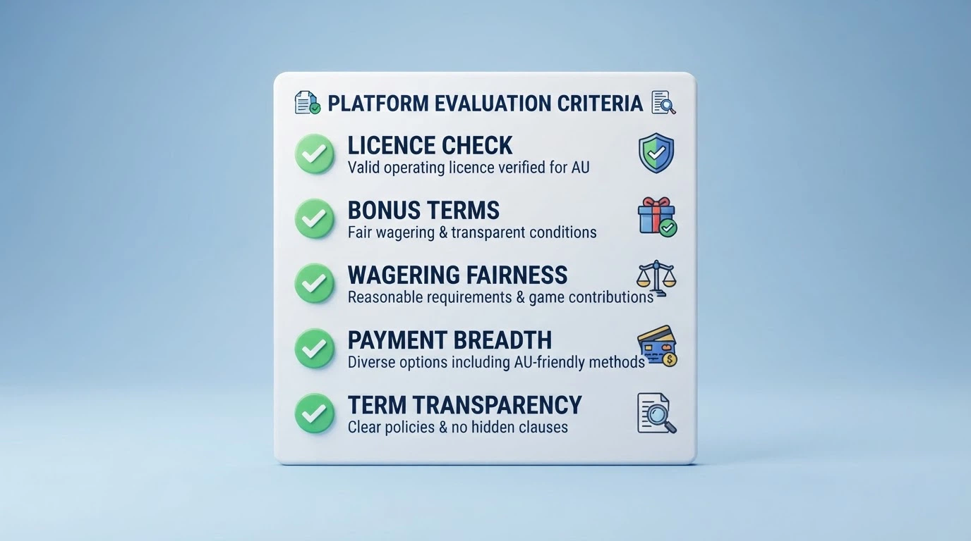A clean checklist-style graphic showing the evaluation criteria — licence check, bonus terms, wagering fairness, payment breadth, term transparency — with tick marks