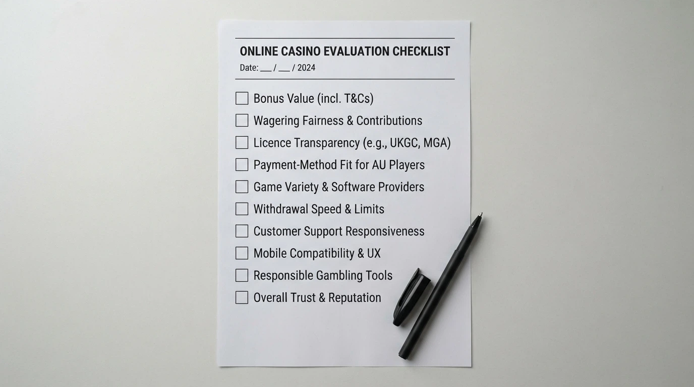A checklist showing the evaluation criteria: bonus value, wagering fairness, licence transparency and payment-method fit