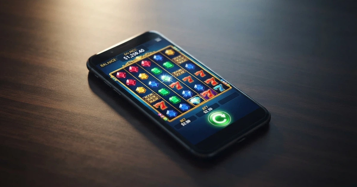 A smartphone screen displaying a colourful online pokies reel interface with Australian dollar symbols and a spin button visible