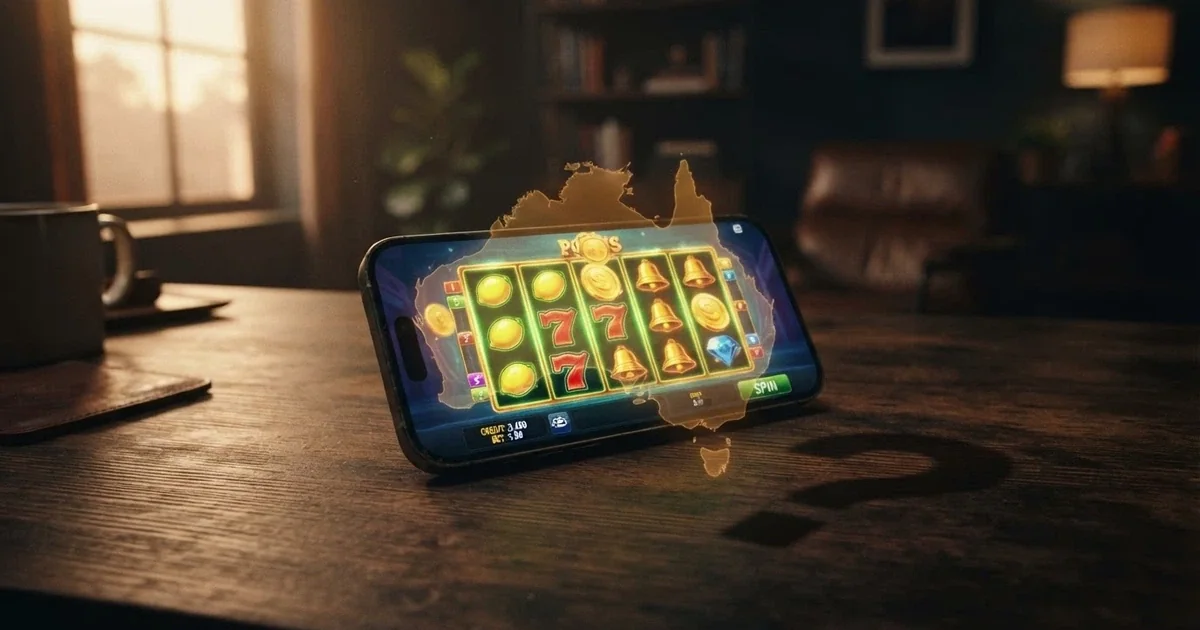 A smartphone screen displaying a colourful pokies game interface with reels spinning, overlaid with a faint Australian map outline and a question-mark shadow, conveying the uncertain legal status of real-money pokies apps in Australia