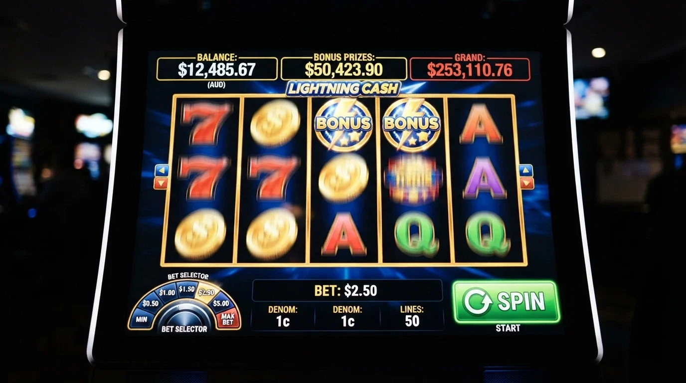 A close-up of a 5-reel pokie screen with a real-money balance and bet-size selector visible, the spin button highlighted