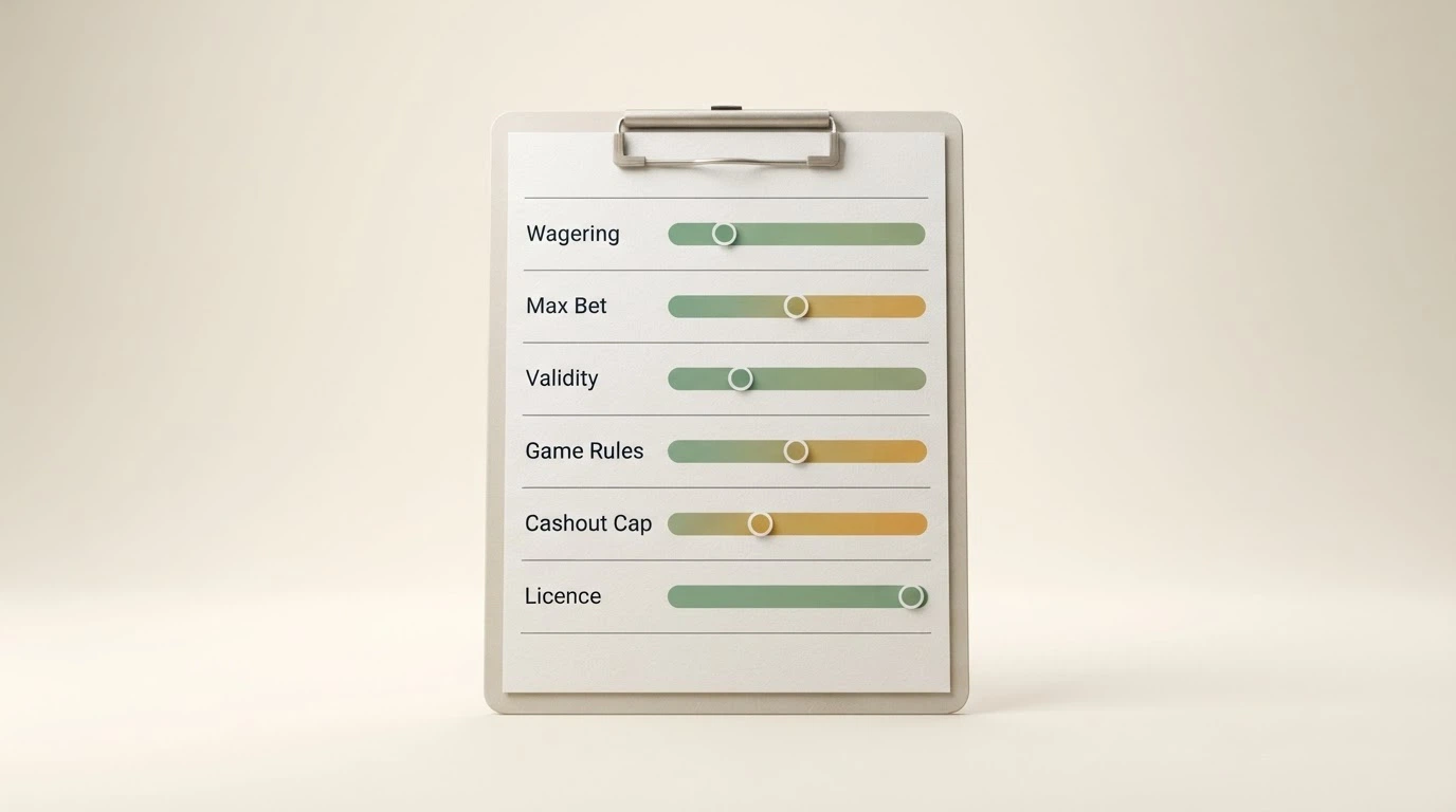 A checklist or scorecard layout showing the evaluation criteria — match %, wagering, max bet, expiry, cashout limit, licence — with weighted markers beside each