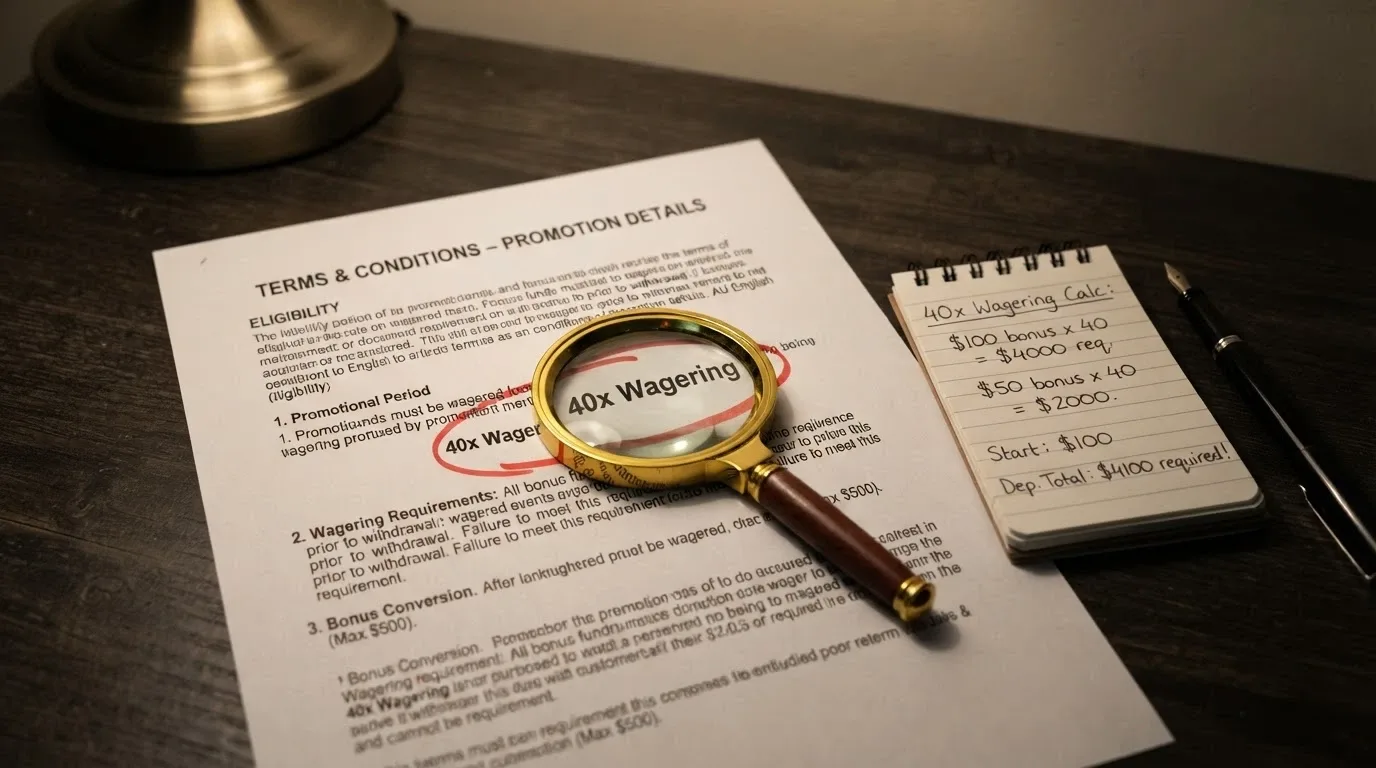 A magnifying glass held over a bonus terms panel, with the wagering multiplier (e.g. 40x) circled and a calculator beside it