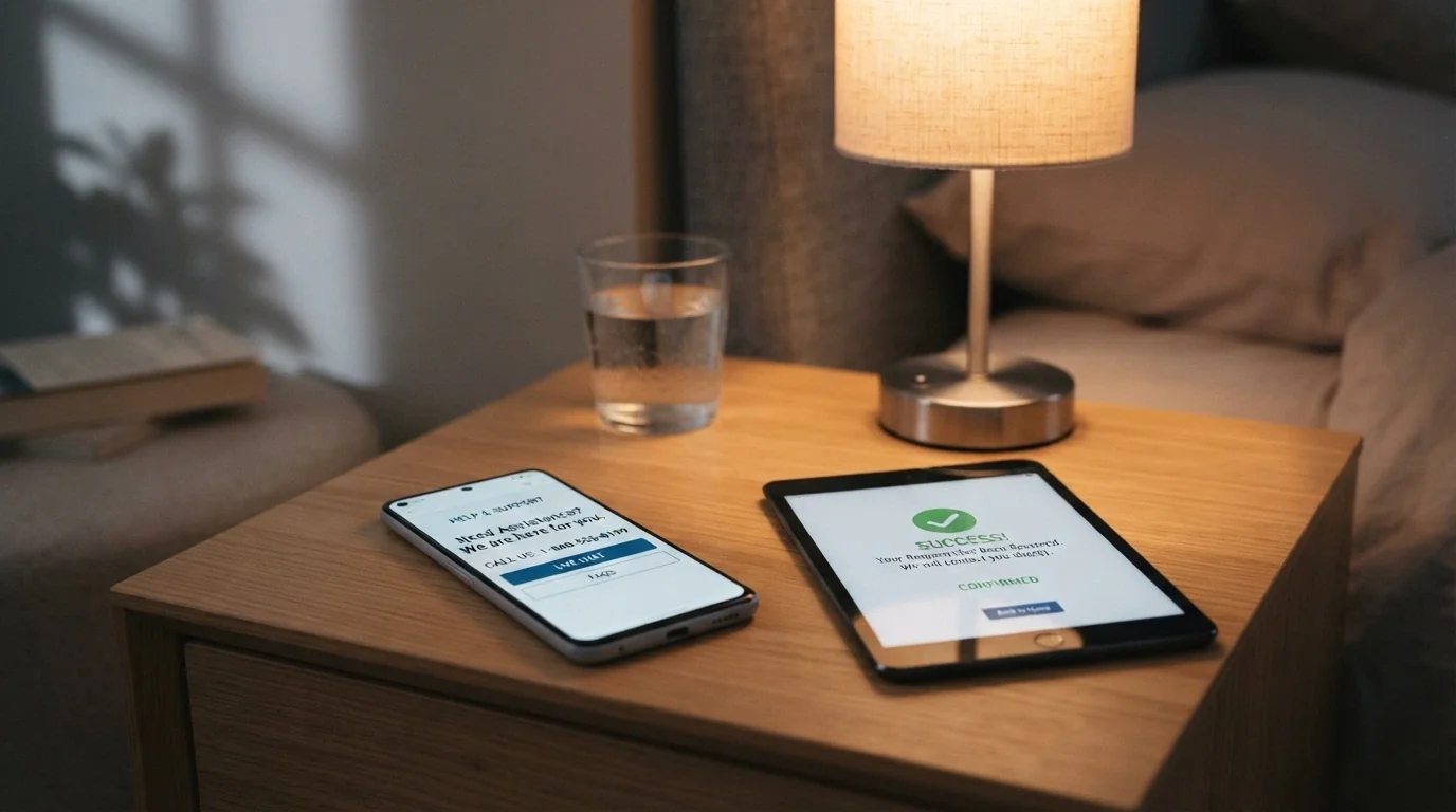 A phone screen displaying the Gambling Help Online homepage beside a second device showing a BetStop registration confirmation, with the National Gambling Helpline number 1800 858 858 visible