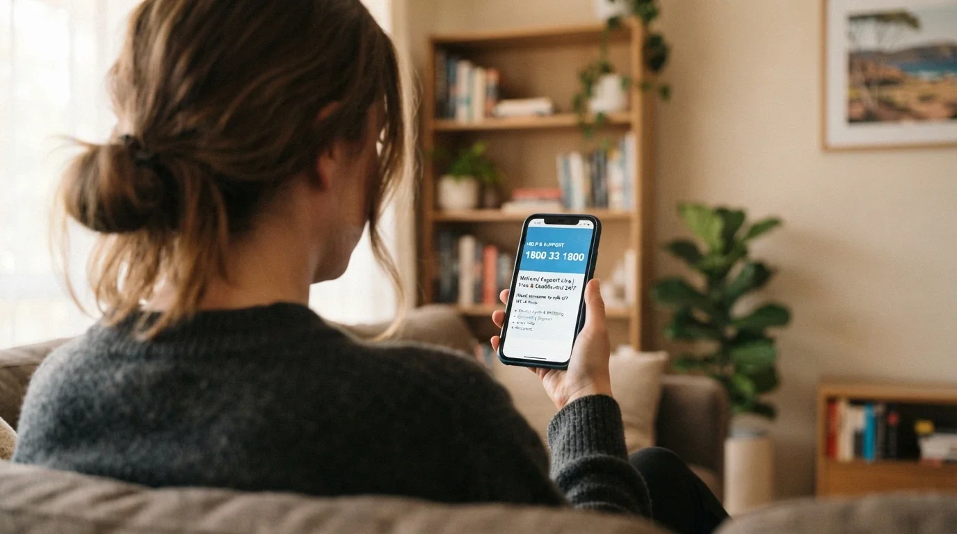 A smartphone screen displaying the Gambling Help Online homepage with the National Gambling Helpline number 1800 858 858 prominently visible