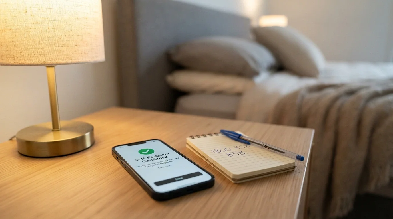 A phone screen showing a self-exclusion confirmation with a green tick and the BetStop logo, next to a notepad with “1800 858 858” handwritten on it