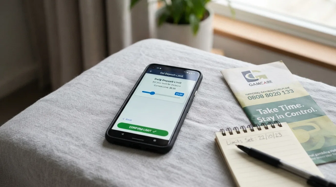 A calm, supportive visual showing the BetStop logo, the Gambling Helpline number 1800 858 858, and a deposit-limit slider set to $5